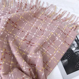 Women winter pink plaid scarf soft cashmere feel tassel shawl cozy warm neck wrap daily fashion