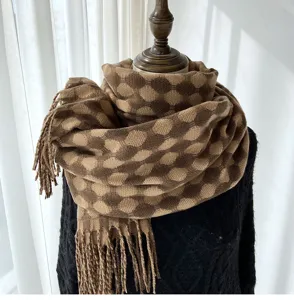 Women autumn winter brown geometric pattern cashmere feel tassel long scarf winter warm shawl.