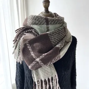 Women's Thickened Korean Style Plaid Tassel Scarf Autumn Winter Warm Imitation Cashmere Shawl Fashion Accessory
