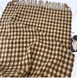 Brown geometric patterned tassel scarf for women, thick cashmere-feel long winter shawl drape.