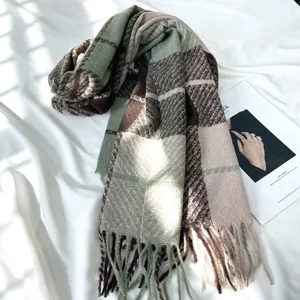 Classic plaid tassel scarf for women, thick cashmere-feel winter warm shawl in green and brown.