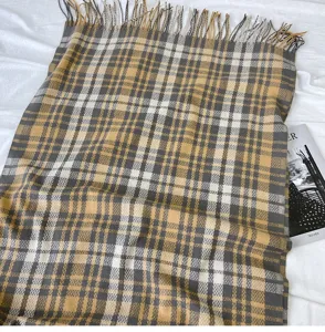 Cozy imitation cashmere plaid scarf for women, warm winter fringe tassel shawl and neck warmer.