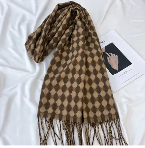 Women winter tassel scarf brown grid pattern soft warm long cashmere feel winter shawl wrap