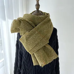 Green plaid winter scarf for women, cozy imitation cashmere fringe shawl for cold weather.