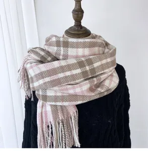 pink brown plaid scarf winter warm cashmere feel tassel shawl women daily wear accessory