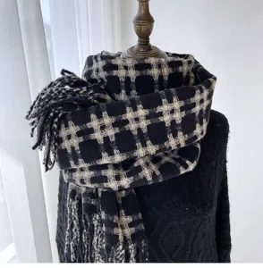 Black and beige plaid winter scarf, cozy warm tassel neck warmer for women and men.