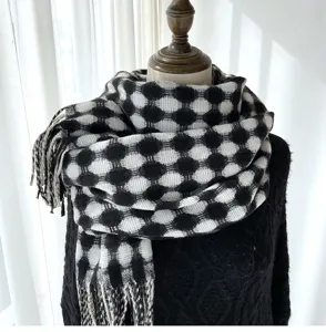 Black and white checkered pattern long scarf with tassel edge for women autumn winter