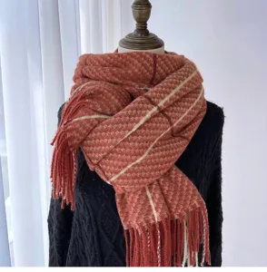 Autumn winter women chunky plaid tassel scarf cozy imitation cashmere warm winter neck wrap