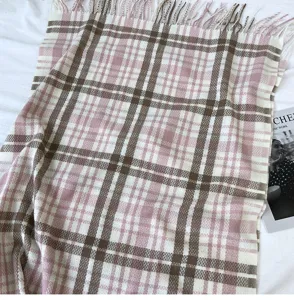 Cozy pink and brown plaid winter scarf with chic tassels, soft warm cashmere feel shawl for women.