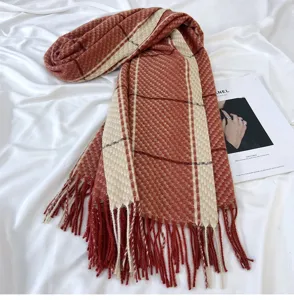 Cozy autumn winter plaid tassel scarf, soft imitation cashmere women warm neck wrap detail.
