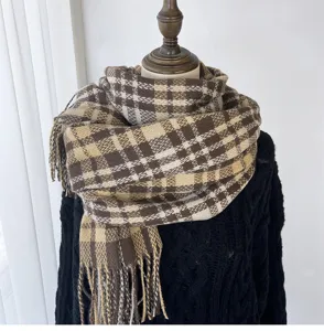 Thickened cashmere-feel plaid scarf with fringe, warm winter tassel scarf for women and girls.