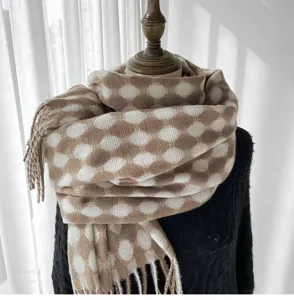 Women winter thick imitation cashmere scarf polka dot grid tassel shawl warm neckerchief