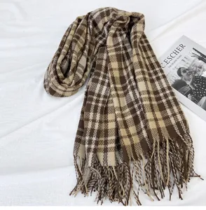 Thick brown beige plaid cashmere feel scarf detail view, winter warm tassel shawl new style