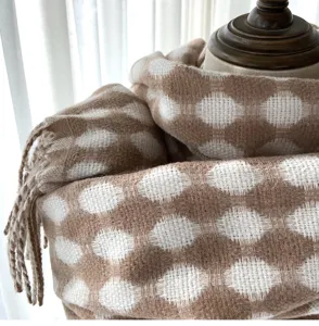 Thickened imitation cashmere scarf detail, sweet plaid pattern with soft tassels, cozy winter.