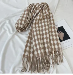Women autumn winter brown white plaid imitation cashmere long tassel scarf warm shawl