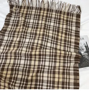 Cozy thickened plaid cashmere-feel scarf for women, warm winter fringe shawl neckerchief.