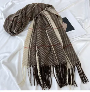 Detailed view of women's autumn winter brown plaid cashmere feel tassel scarf shawl.