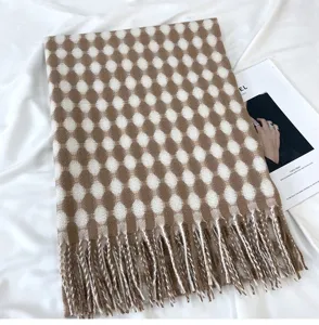 Women brown white grid pattern winter scarf warm soft imitation cashmere tassel shawl thick neckerchief