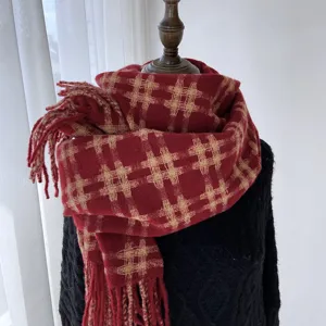 Red plaid winter scarf for women, vintage grid pattern tassel warm cashmere-feel wrap.