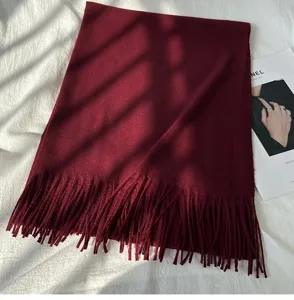 Einfarbiger Winterschal mit Fransen für Damen, weicher warmer Kaschmir-Look Schal weinrot.