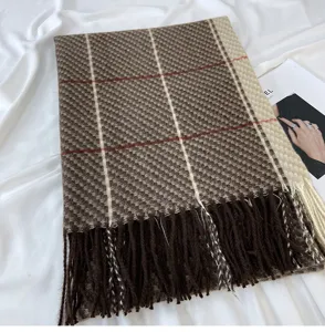 Winter warm imitation cashmere plaid scarf for women, thick tassel shawl and cozy neck wrap.