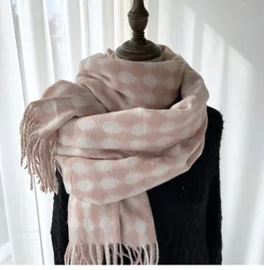 Women thick winter fringe scarf soft cashmere feel pink dotted long wrap for cozy daily wear