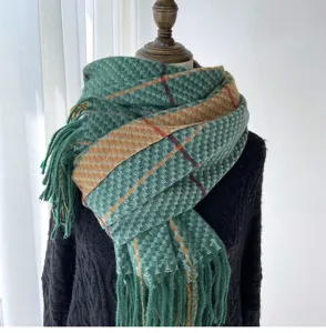 Autumn winter green plaid scarf detail, soft cashmere feel shawl with elegant tassel fringe.