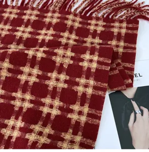 Red yellow grid winter warm scarf for women, classic plaid cashmere feel shawl with fringe.