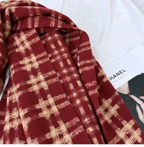 Cozy red plaid winter scarf for women, vintage knitted soft cashmere-feel wrap accessory.