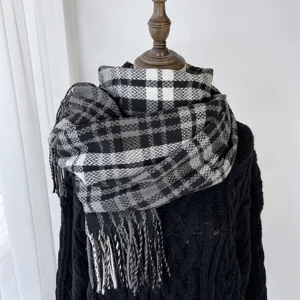 Classic black and white plaid scarf for women, thick cashmere-feel winter scarf.