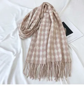 Women Winter Cashmere Feel Tassel Scarf Pink White Polka Dot Plaid Warm Shawl Long Neck Warmer