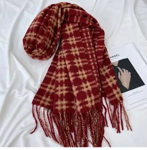 Winter warm plaid scarf for women, retro grid cashmere feel tassel shawl and cozy neck wrap.