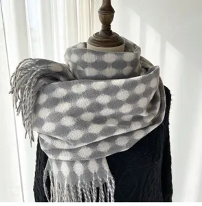 Women autumn winter grey white circular grid pattern long scarf tassel thick imitation cashmere
