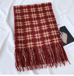 Women winter retro plaid cashmere feel scarf with fringe warm thick neck wrap casual muffler
