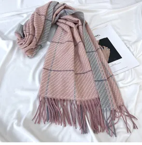 Women winter pink grey plaid cashmere feel cozy tassel scarf warm thick fashion shawl