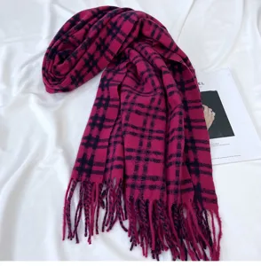 Cozy pink plaid tassel scarf for women, soft winter warm cashmere-feel wrap and shawl.