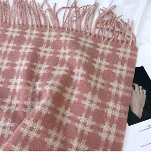 Cozy pink grid scarf for women winter warm imitation cashmere fringe shawl daily fashion.