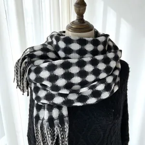 Black and white dot patterned cashmere-feel winter tassel scarf for women warm long wrap shawl