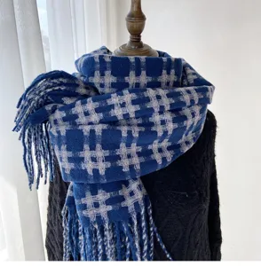 Cozy blue grey plaid scarf with fringes winter warm imitation cashmere neck wrap