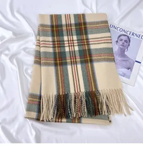 Winter classic plaid scarf for women, warm cashmere feel tassel shawl and retro neck wrap.