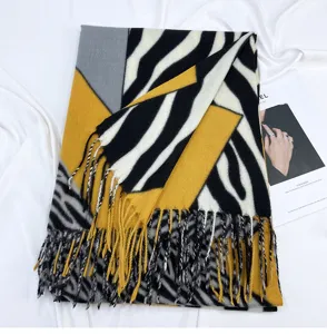 Colorblock zebra print faux cashmere scarf winter warm tassel shawl fashion wrap