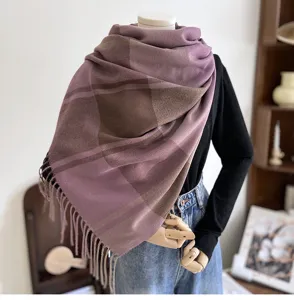 Detailed close-up view of the soft purple plaid fringe cashmere-feel scarf, elegant shawl detail.