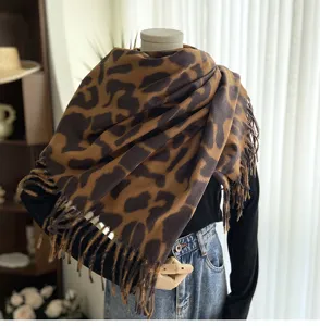 Women winter imitation cashmere scarf double-sided leopard print fashion warm fringe shawl
