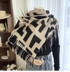 Winter women's black and white geometric pattern cashmere-feel tassel thick warm scarf.