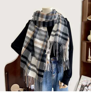 Classic plaid tassel scarf for women, warm imitation cashmere winter shawl and neck wrap.