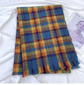 Blue yellow red plaid scarf winter warm tassel cashmere feel women fashion neck wrap detail