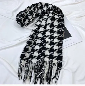 Classic black and white houndstooth scarf for women, warm imitation cashmere winter accessory.