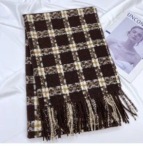 Brown plaid tassel scarf for autumn and winter, cozy knitted warm wrap shawl for women.