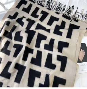 Women winter cashmere feel scarf classic geometric pattern fringed shawl cozy warm wrap