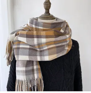 Classic plaid imitation cashmere scarf with tassels, warm winter fashion shawl for women.
